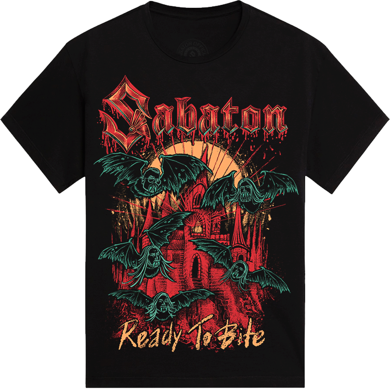 A black short-sleeve graphic t-shirt featuring a gothic design with the word 'Sabaton' in red dripping lettering, green bats, a red castle, and the phrase 'Ready To Bite' in gold at the bottom.
