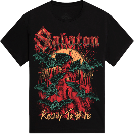 A black short-sleeve graphic t-shirt featuring a gothic design with the word 'Sabaton' in red dripping lettering, green bats, a red castle, and the phrase 'Ready To Bite' in gold at the bottom.