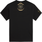 Black short-sleeve t-shirt shown from the back, featuring a large gold and black emblem printed on the upper back and a smaller matching emblem on the left sleeve.