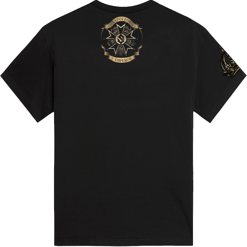 Black short-sleeve t-shirt shown from the back, featuring a large gold and black emblem printed on the upper back and a smaller matching emblem on the left sleeve.