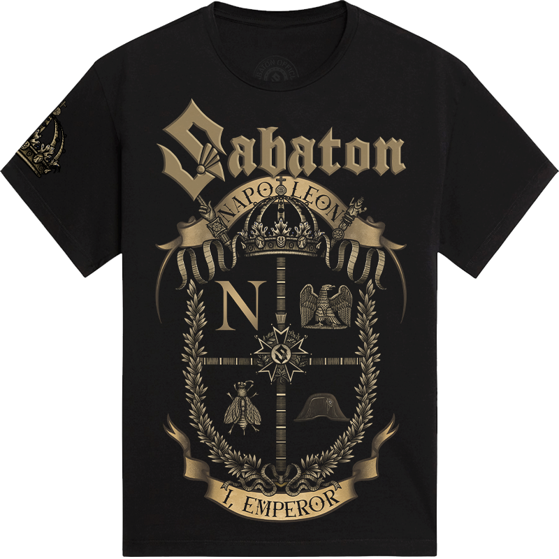 A black short-sleeve t-shirt with a large, detailed gold and beige graphic print on the front. The graphic features the word 'Sabaton' in a stylized font, a crown, an eagle, a laurel wreath, and the text 'NAPOLEON' and 'I EMPEROR. 