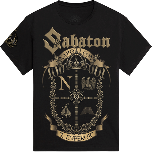 A black short-sleeve t-shirt with a large, detailed gold and beige graphic print on the front. The graphic features the word 'Sabaton' in a stylized font, a crown, an eagle, a laurel wreath, and the text 'NAPOLEON' and 'I EMPEROR. 