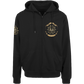 A black zip-up hoodie with a gold military-style emblem on the left chest and a matching emblem on the right sleeve, shown against a plain white background.