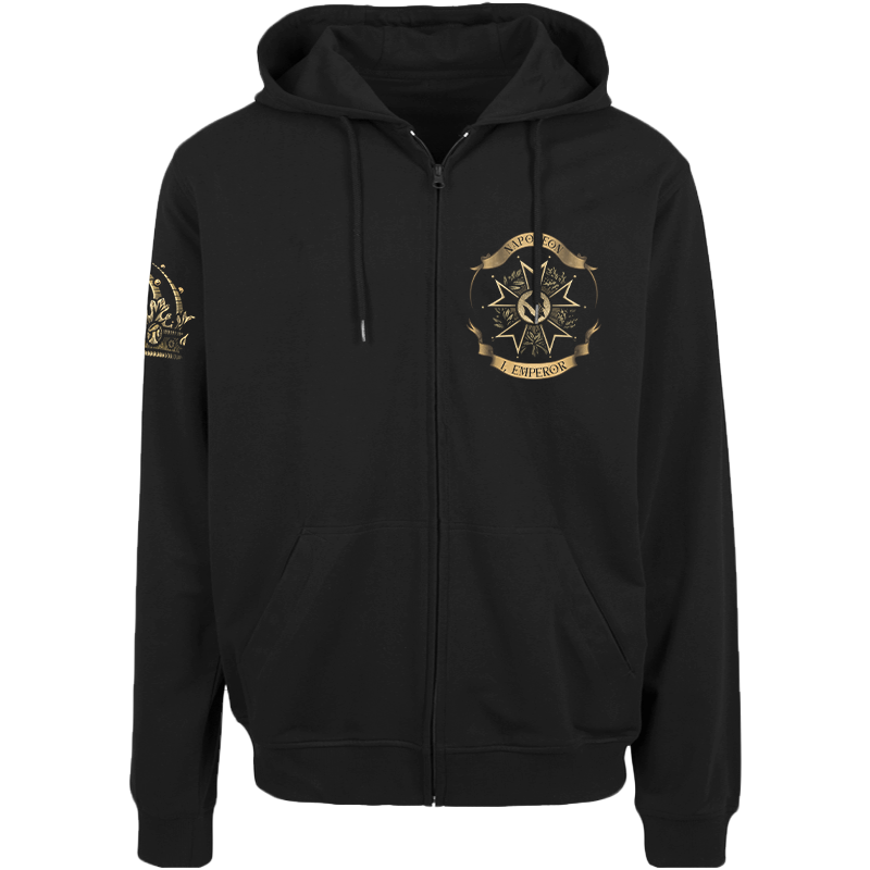 A black zip-up hoodie with a gold military-style emblem on the left chest and a matching emblem on the right sleeve, shown against a plain white background.