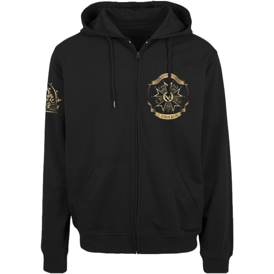 A black zip-up hoodie with a gold military-style emblem on the left chest and a matching emblem on the right sleeve, shown against a plain white background.